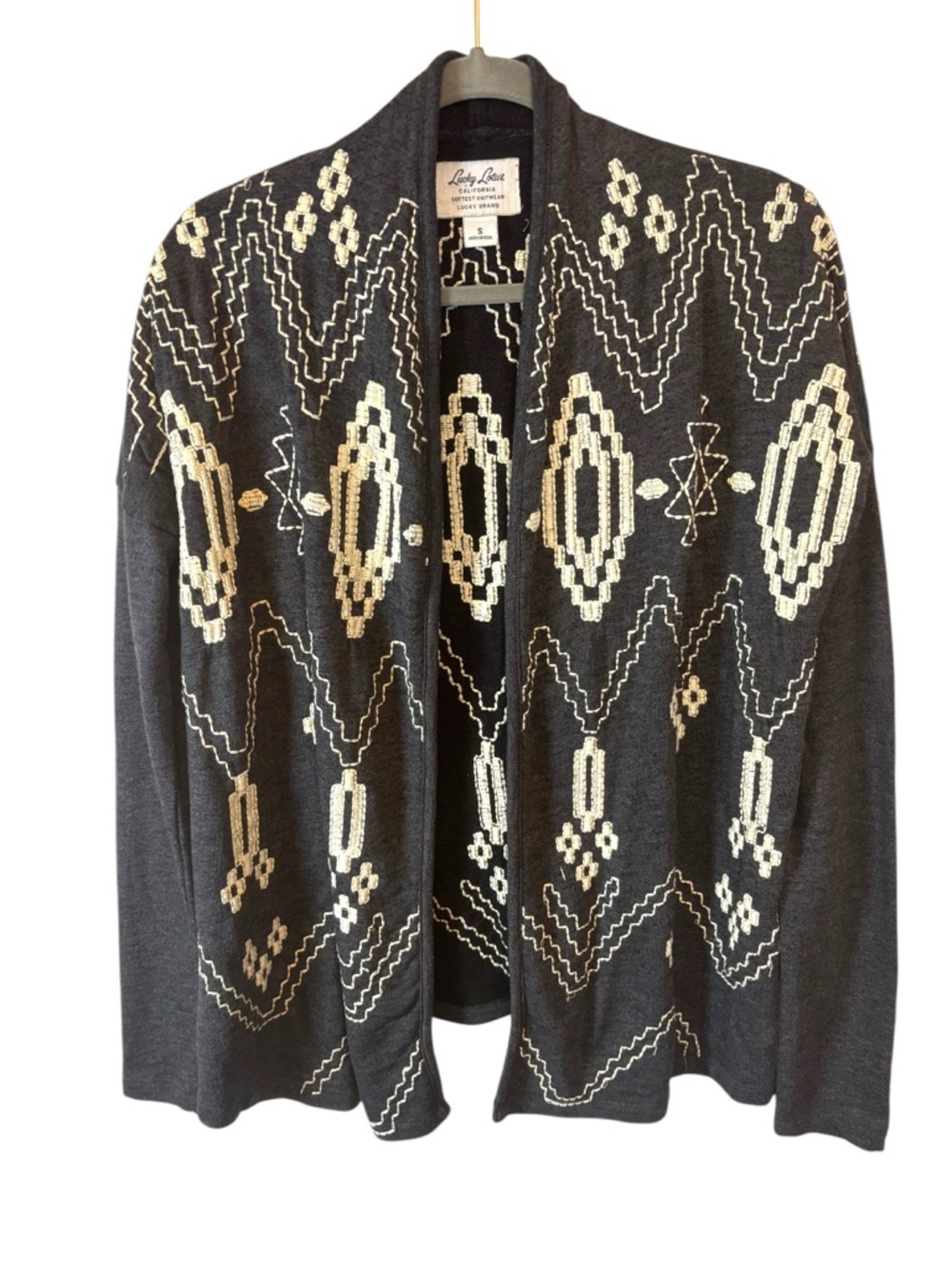 Lucky Brand Charcoal Cream Embroidered Open Cardigan geometric Size Small